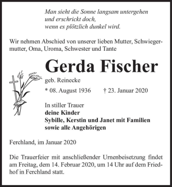 Traueranzeige von Gerda Fischer (geb. Reinecke)  von Magdeburger Volksstimme