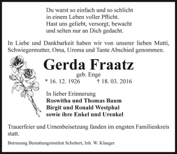 Traueranzeige von Gerda Fraatz (geb. Enge)  von Magdeburger Volksstimme