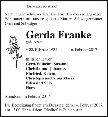 Traueranzeige von Gerda Franke (geb. Arens)  von Magdeburger Volksstimme