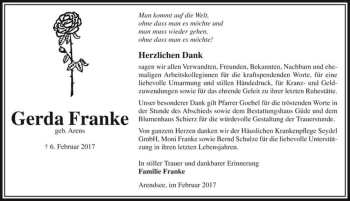 Traueranzeige von Gerda Franke (geb. Arens)  von Magdeburger Volksstimme
