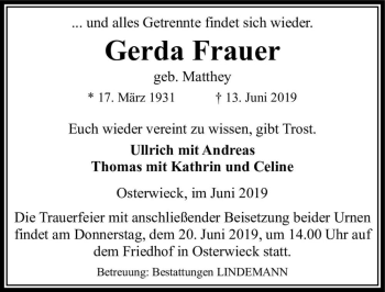 Traueranzeige von Gerda Frauer (geb. Matthey)  von Magdeburger Volksstimme