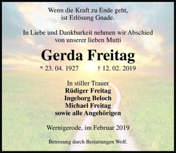 Traueranzeige von Gerda Freitag  von Magdeburger Volksstimme