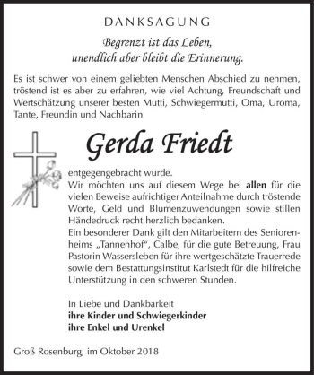 Traueranzeige von Gerda Friedt  von Magdeburger Volksstimme