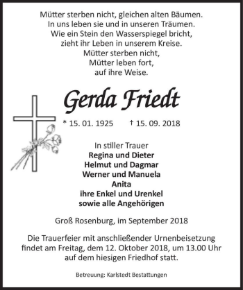 Traueranzeige von Gerda Friedt  von Magdeburger Volksstimme
