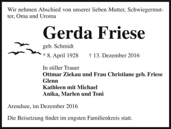 Traueranzeige von Gerda Friese (geb. Schmidt)  von Magdeburger Volksstimme