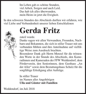 Traueranzeige von Gerda Fritz  von Magdeburger Volksstimme