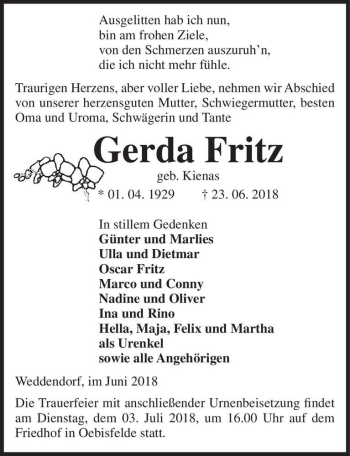Traueranzeige von Gerda Fritz (geb. Kienas)  von Magdeburger Volksstimme