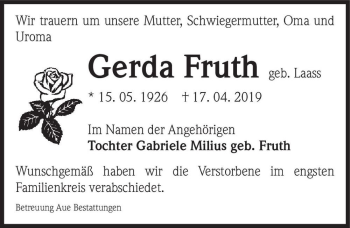 Traueranzeige von Gerda Fruth (geb. Laass)  von Magdeburger Volksstimme