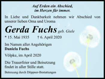 Traueranzeige von Gerda Fuchs (geb. Giele)  von Magdeburger Volksstimme