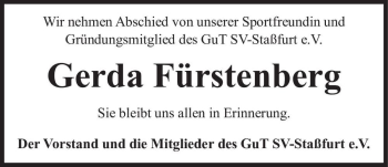 Traueranzeige von Gerda Fürstenberg  von Magdeburger Volksstimme