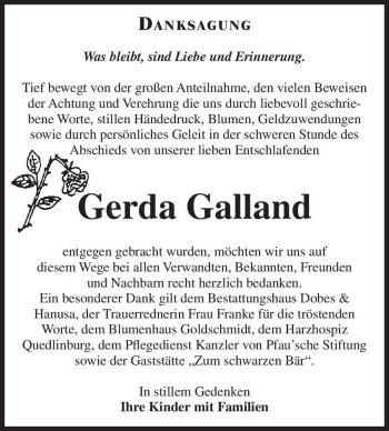 Traueranzeige von Gerda Galland  von Magdeburger Volksstimme