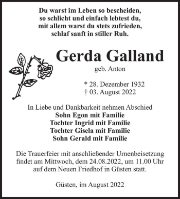 Traueranzeige von Gerda Galland (geb. Anton)  von Magdeburger Volksstimme