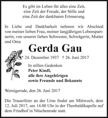 Traueranzeige von Gerda Gau  von Magdeburger Volksstimme
