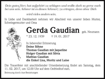 Traueranzeige von Gerda Gaudian (geb. Neumann)  von Magdeburger Volksstimme