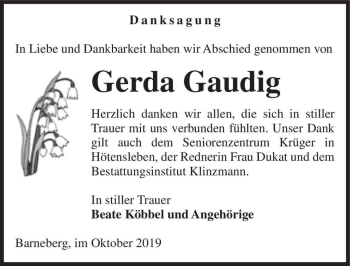 Traueranzeige von Gerda Gaudig  von Magdeburger Volksstimme