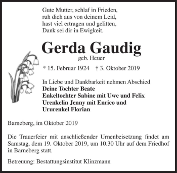 Traueranzeige von Gerda Gaudig (geb. Heuer)  von Magdeburger Volksstimme