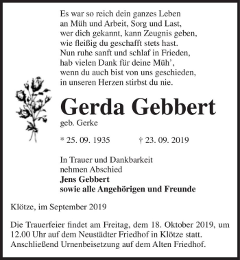 Traueranzeige von Gerda Gebbert (geb. Gerke)  von Magdeburger Volksstimme