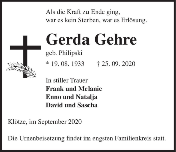 Traueranzeige von Gerda Gehre (geb. Philipski)  von Magdeburger Volksstimme