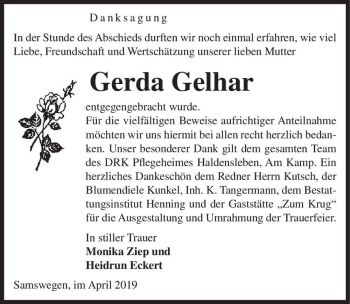 Traueranzeige von Gerda Gelhar  von Magdeburger Volksstimme