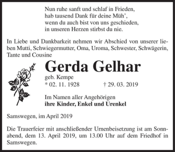 Traueranzeige von Gerda Gelhar (geb. Kempe)  von Magdeburger Volksstimme