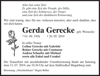Traueranzeige von Gerda Gerecke (geb. Wienecke)  von Magdeburger Volksstimme