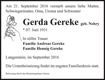 Traueranzeige von Gerda Gereke (geb. Nehry)  von Magdeburger Volksstimme