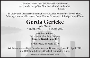 Traueranzeige von Gerda Gericke (geb. Mielke)  von Magdeburger Volksstimme