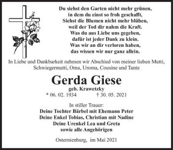 Traueranzeige von Gerda Giese (geb. Krawetzky)  von Magdeburger Volksstimme