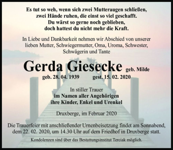 Traueranzeige von Gerda Giesecke (geb. Milde)  von Magdeburger Volksstimme