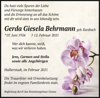 Traueranzeige von Gerda Giesela Behrmann (geb. Kurzbach)  von Magdeburger Volksstimme