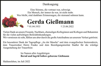 Traueranzeige von Gerda Gießmann  von Magdeburger Volksstimme