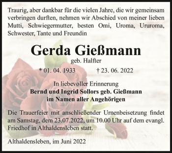 Traueranzeige von Gerda Gießmann (geb. Halfter)  von Magdeburger Volksstimme