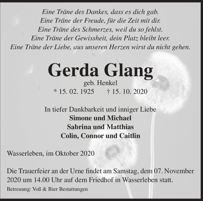  Traueranzeige für Gerda Glang (geb. Henkel)  vom 30.10.2020 aus Magdeburger Volksstimme