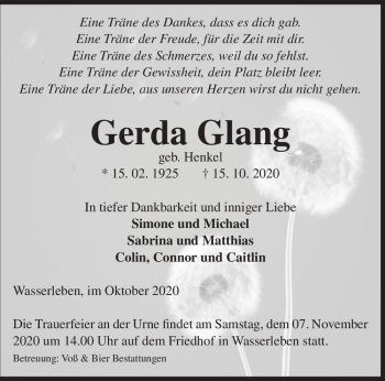 Traueranzeige von Gerda Glang (geb. Henkel)  von Magdeburger Volksstimme
