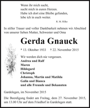 Traueranzeige von Gerda Gnauck  von Magdeburger Volksstimme