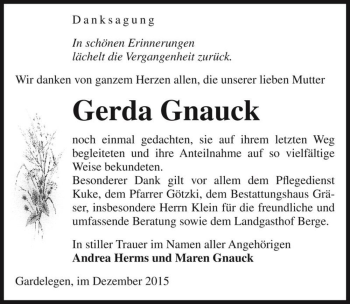 Traueranzeige von Gerda Gnauck  von Magdeburger Volksstimme