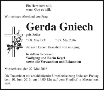 Traueranzeige von Gerda Gniech (geb. Seiler)  von Magdeburger Volksstimme