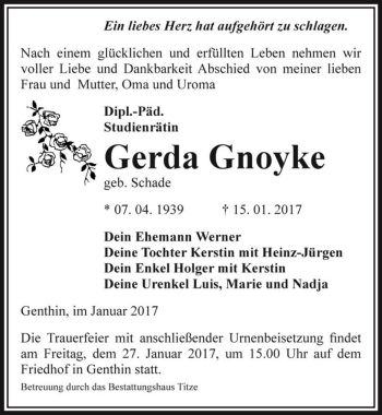 Traueranzeige von Gerda Gnoyke (geb. Schade)  von Magdeburger Volksstimme