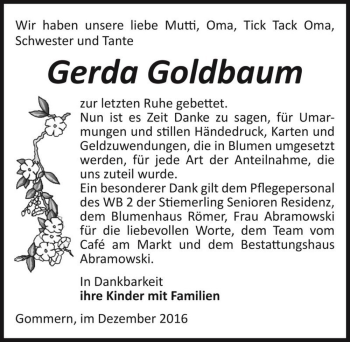Traueranzeige von Gerda Goldbaum  von Magdeburger Volksstimme