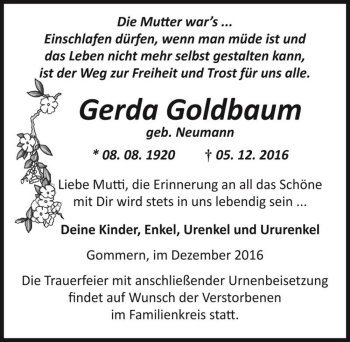 Traueranzeige von Gerda Goldbaum (geb. Neumann)  von Magdeburger Volksstimme