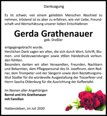 Traueranzeige von Gerda Grathenauer (geb. Dreßler)  von Magdeburger Volksstimme