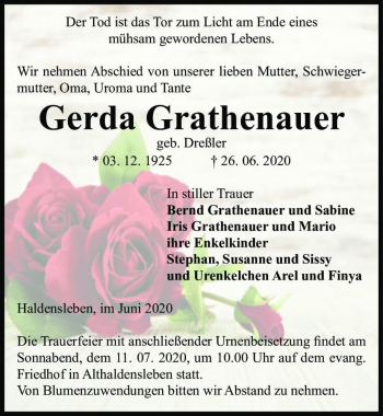 Traueranzeige von Gerda Grathenauer (geb. Dreßler)  von Magdeburger Volksstimme