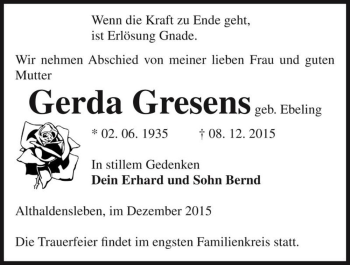 Traueranzeige von Gerda Gresens (geb. Ebeling)  von Magdeburger Volksstimme