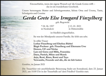 Traueranzeige von Gerda Grete Else Irmgard Finzelberg (geb. Rogowski)  von Magdeburger Volksstimme