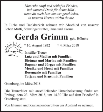 Traueranzeige von Gerda Grimm (geb. Böhnke)  von Magdeburger Volksstimme