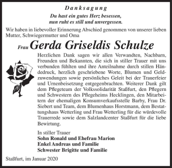 Traueranzeige von Gerda Griseldis Schulze  von Magdeburger Volksstimme