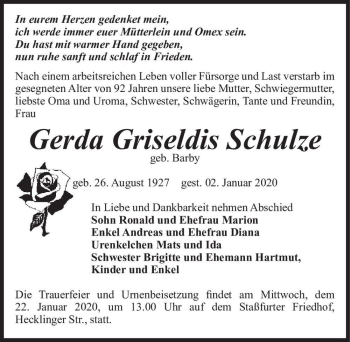 Traueranzeige von Gerda Griseldis Schulze (geb. Barby)  von Magdeburger Volksstimme