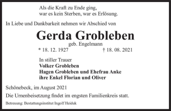 Traueranzeige von Gerda Grobleben (geb. Engelmann)  von Magdeburger Volksstimme