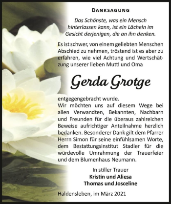 Traueranzeige von Gerda Grotge  von Magdeburger Volksstimme