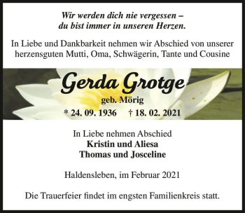 Traueranzeige von Gerda Grotge (geb. Mörig)  von Magdeburger Volksstimme